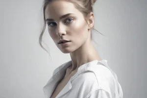 A high-key fashion portrait of a young woman with long brunette hair against a minimalist white background with dramatic lighting, aesthetic, highly detailed, in 8k resolution. A high-key fashion portrait of a young woman with long brunette hair against a minimalist white background with dramatic lighting, aesthetic, highly detailed, in 8k resolution.